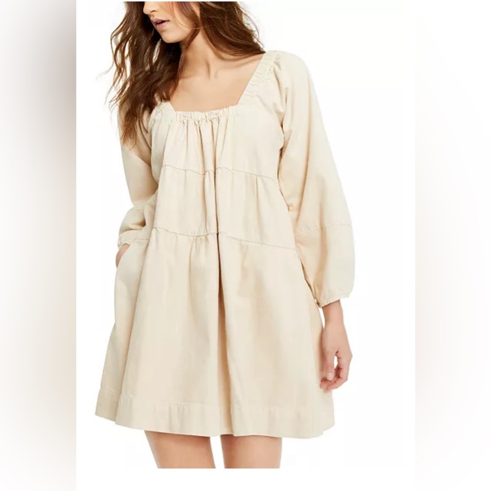 100% Cotton Free People Cream Long Sleeve Babydoll Mini Dress size Small